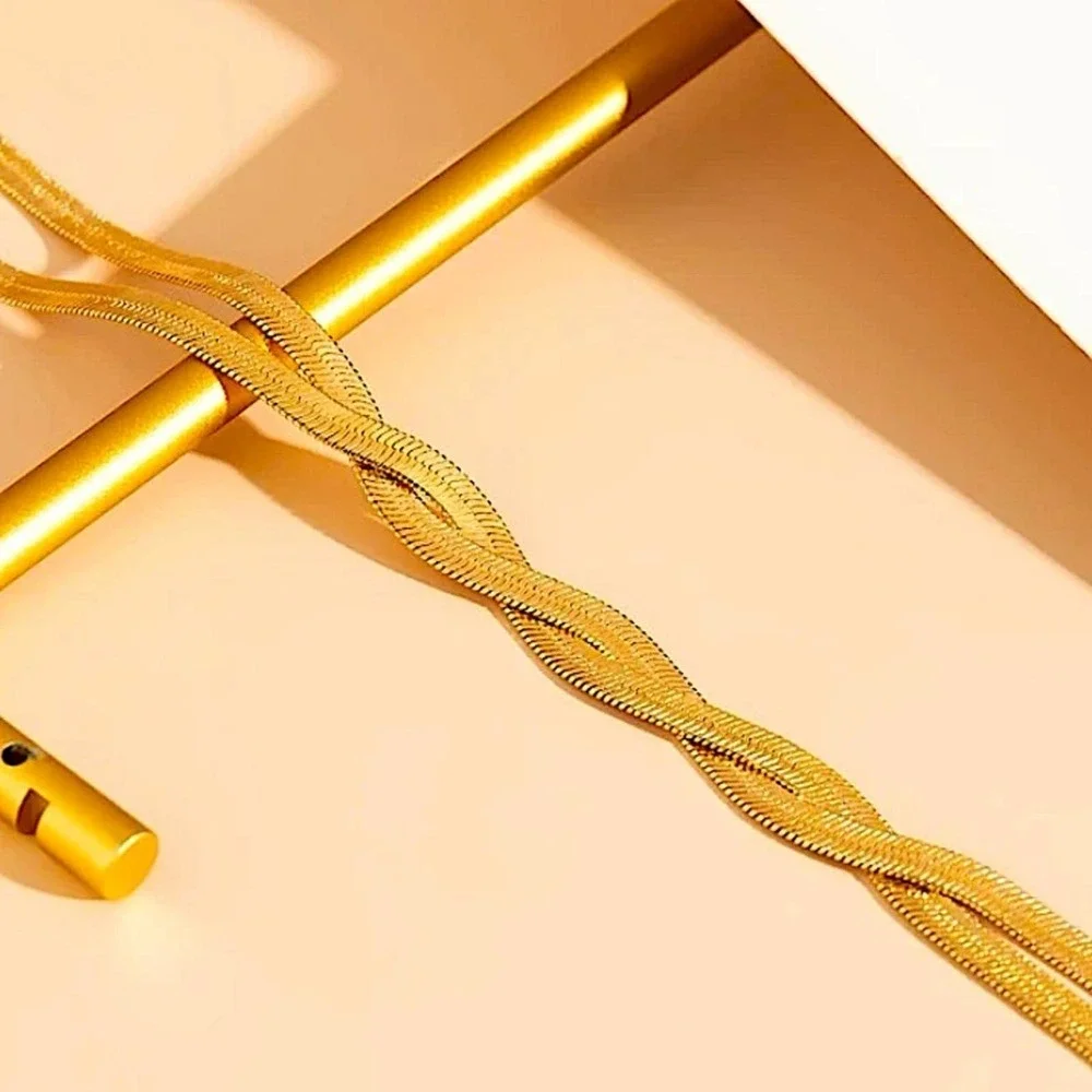 Y Lariat Gold Plated Snake Herringbone Twisted Tassel Necklace